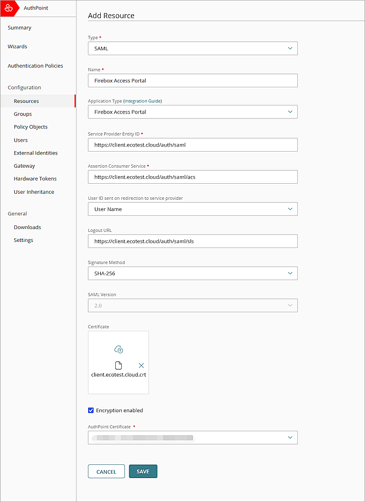 Screen shot of the SAML resource settings